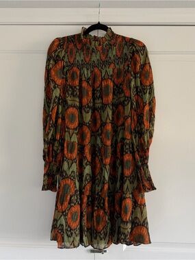 Ulla Johnson Olive and Orange Long-Sleeve Printed Mid-length Dress- Size 8